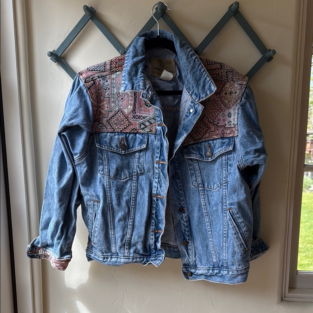 Vintage Denim Jacket with Patterned Shoulders
